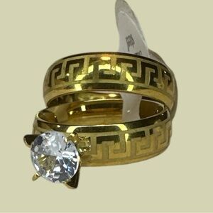 Gold Stainless Steel Ring Set with Engraved Design - Size18